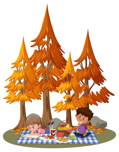 Kinder Picknicken Park Mit Vielen Herbstbäumen Illustration — Stockvektor
