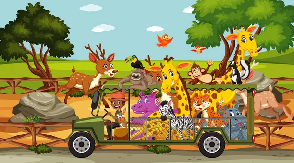 Escena Safari Con Animales Salvajes Coche Turístico Ilustración — Vector de stock