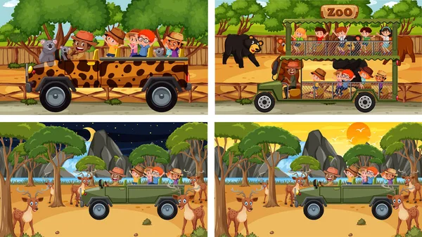Zestaw Różnych Zwierząt Scenach Safari Ilustracją Dla Dzieci — Wektor stockowy