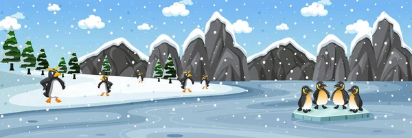 Pinguïn Groep Bos Winter Horizontale Landschap Illustratie — Stockvector