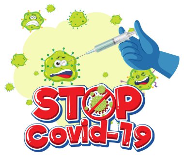 Covid-19 logosu ya da afişi covid-19 aşı şişesi ve koronavirüsle durdurun.