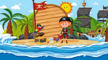 Sahildeki gündüz resimlerinde korsan çocukların olduğu boş ahşap afiş şablonu