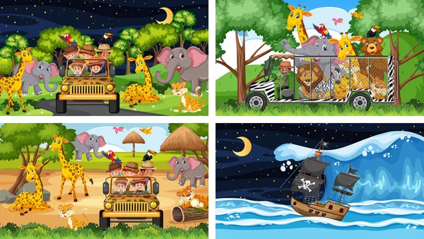 Zestaw Różnych Scen Zwierzętami Zoo Statek Piratów Ilustracji Morza — Wektor stockowy