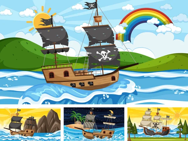 Conjunto Cenas Oceano Diferentes Momentos Com Navio Pirata Ilustração Estilo — Vetor de Stock