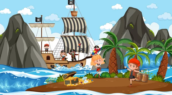 Treasure Island Cena Durante Dia Com Crianças Piratas Ilustração — Vetor de Stock