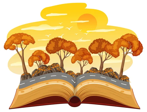 Open Boek Met Herfst Bos Bij Zonsondergang Tijd Scène Illustratie — Stockvector