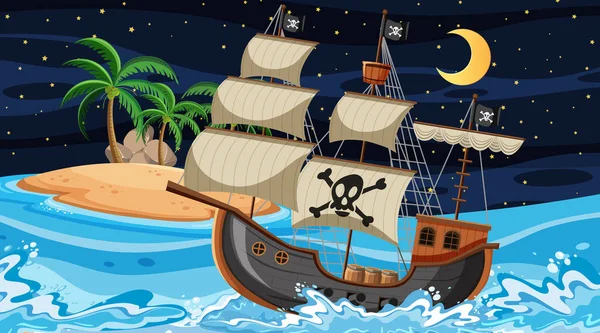 Ozean Mit Piratenschiff Bei Nächtlicher Szene Cartoon Stil — Stockvektor