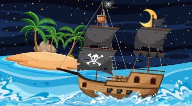 Gece sahnesinde Korsan gemisiyle okyanus karikatür tarzı illüstrasyon