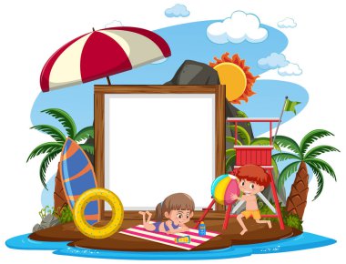 Yaz tatilinde bir sürü çocukla plajdaki izole resimlerin olduğu boş pankart şablonu