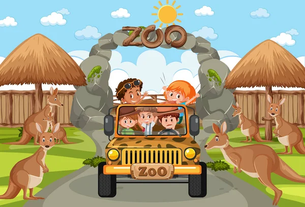 Kinderen Toeristische Auto Kijken Kangoeroe Groep Dierentuin Scene Illustratie — Stockvector