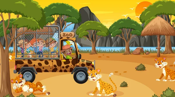 Safari Bij Zonsondergang Tijd Scène Met Kinderen Kijken Luipaard Groep — Stockvector