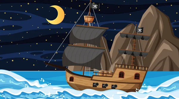 Ocean Pirate Ship Night Scene Cartoon Style Illustration — Stock Vector