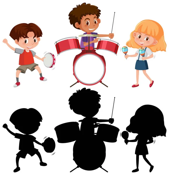 Conjunto Diferentes Niños Tocando Instrumentos Musicales Con Silueta Ilustración — Archivo Imágenes Vectoriales