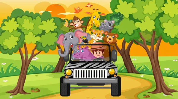 Concepto Safari Con Animales Salvajes Ilustración Del Coche Jeep — Vector de stock