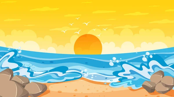 Paisagem Praia Pôr Sol Com Ilustração Ondas Oceânicas — Vetor de Stock