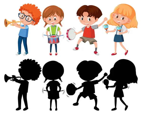 Ensemble Différents Enfants Jouant Des Instruments Musique Avec Illustration Silhouette — Image vectorielle