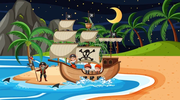 Gece Sahnesinde Korsan Gemisinin Olduğu Sahil Karikatür Stili Çizimleri — Stok Vektör