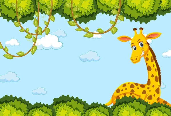 Giraff Tecknad Karaktär Med Skog Löv Ram Illustration — Stock vektor