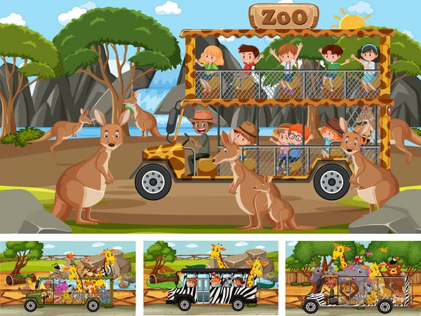 Diverse Scene Safari Con Animali Bambini Illustrazione Del Personaggio Dei — Vettoriale Stock