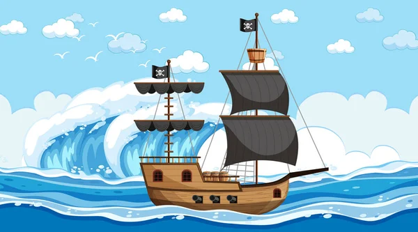 Ocean Pirate Statku Dzień Sceny Stylu Kreskówki Ilustracja — Wektor stockowy