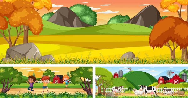 Set Van Outdoor Panoramisch Landschap Met Cartoon Karakter Illustratie — Stockvector