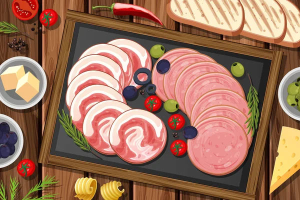 Platou Carne Rece Carne Afumată Tabel Ilustrație Fundal — Vector de stoc