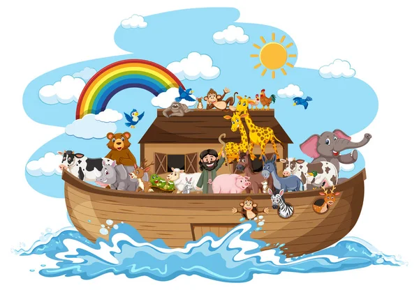 Noah Ark Met Dieren Watergolf Geïsoleerd Witte Achtergrond Illustratie — Stockvector