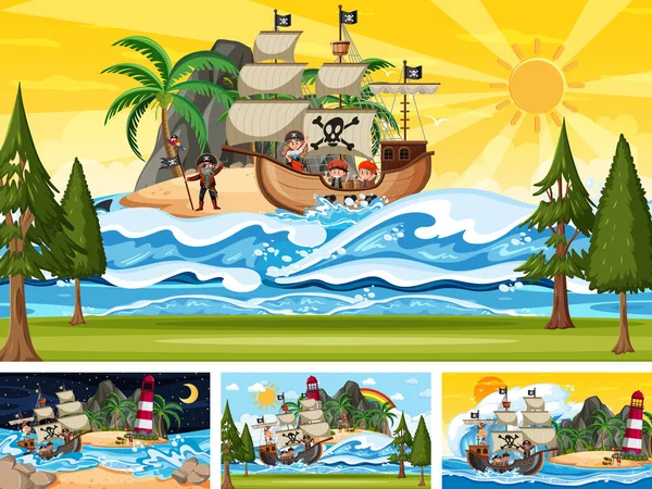 Set Van Verschillende Strand Scènes Met Piraat Schip Piraat Cartoon — Stockvector