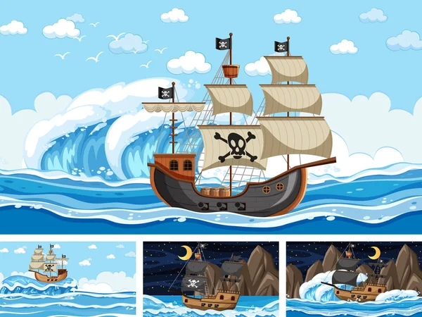 海賊船と海のセットは 漫画スタイルのイラストで異なる時間のシーンで — ストックベクタ