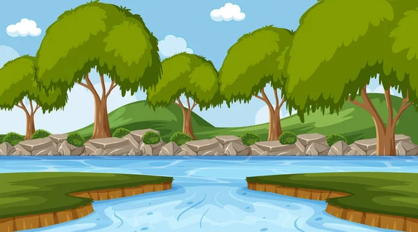 Escena Fondo Con Río Bosque Ilustración — Vector de stock