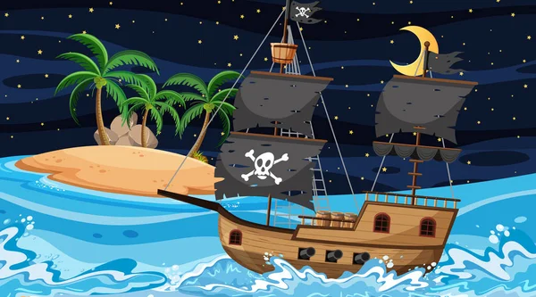 Oceano Com Navio Pirata Cena Noturna Desenho Animado Ilustração Estilo — Vetor de Stock