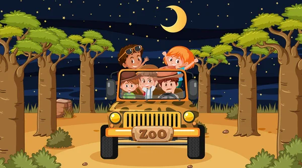 Safari Nocy Sceny Wieloma Dziećmi Samochód Jeep Ilustracji — Wektor stockowy