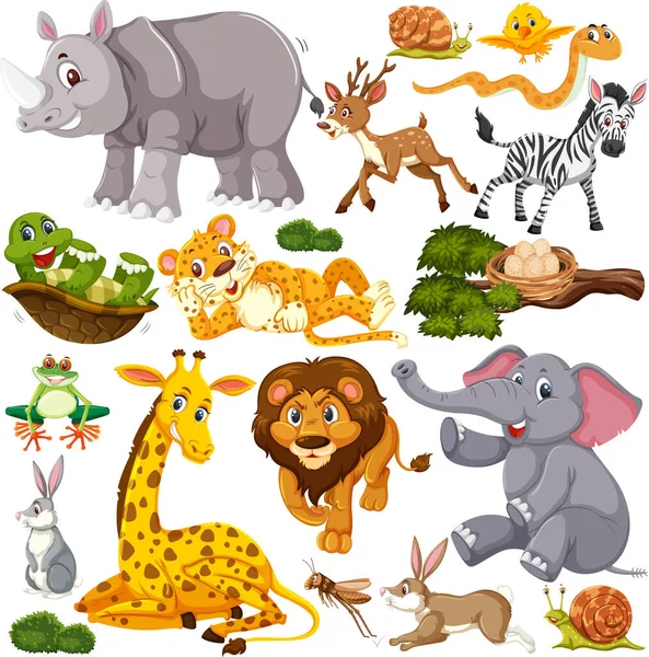 Seamless Pattern Cute Wild Animals White Background Illustration — Stock Vector