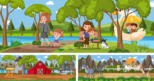 Cenas Paisagem Panorâmica Livre Com Ilustração Personagem Desenhos Animados — Vetor de Stock