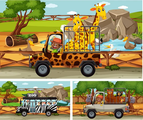 Différentes Scènes Safari Avec Des Animaux Des Enfants Illustration Personnage — Image vectorielle