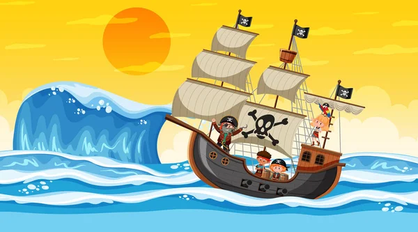 Oceano Com Navio Pirata Pôr Sol Cena Desenho Animado Estilo — Vetor de Stock