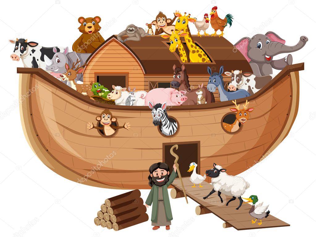 Animals on Noah's ark isolated on white background illustration