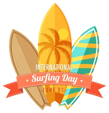 Birçok sörf tahtası resimli Uluslararası Sörf Günü afişi