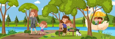 Park illüstrasyonundaki insanlarla açık hava panorama sahnesi