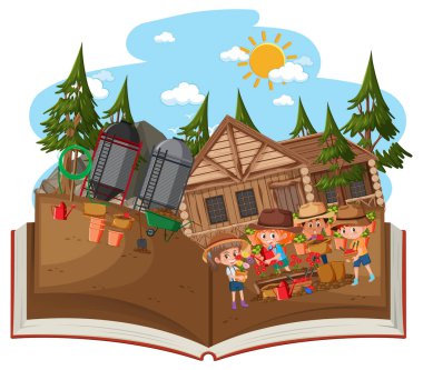 Bahçe illüstrasyonunda birçok çocuğun olduğu açık bir kitap