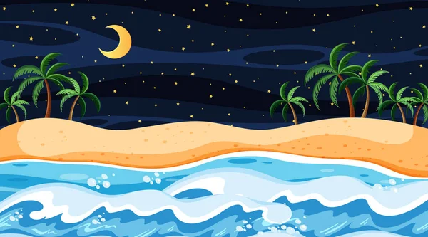 Strandlandschaft Bei Nacht Szene Illustration — Stockvektor