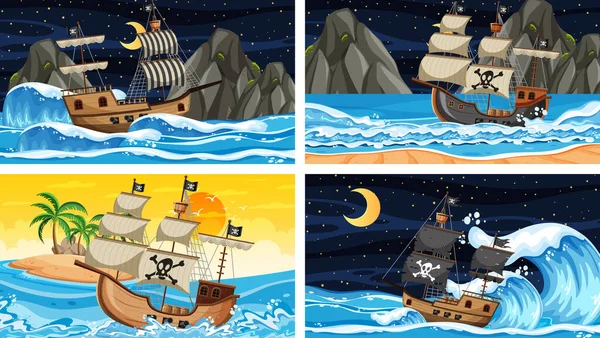 Set Ocean Kalóz Hajó Különböző Időpontokban Jelenetek Rajzfilm Stílusú Illusztráció — Stock Vector