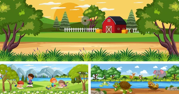 Outdoor Panoramische Landschap Scènes Set Met Cartoon Karakter Illustratie — Stockvector