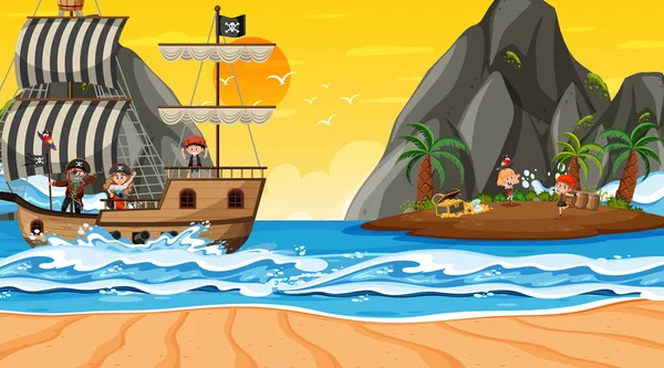 Treasure Island Scene Sunset Time Pirate Kids Illustration — Stock Vector