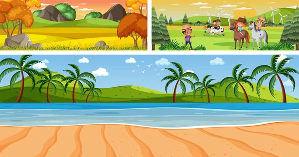 Conjunto Paisagem Panorâmica Livre Com Ilustração Caráter Desenho Animado — Vetor de Stock