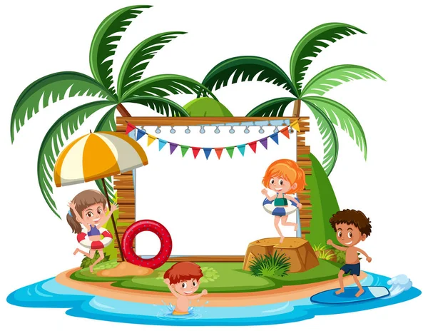 Plantilla Vacía Con Carácter Los Niños Las Vacaciones Verano Playa — Vector de stock