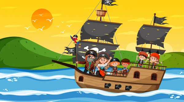 Сцена Океане Закате Детьми Пиратами Иллюстрации Корабля — стоковый вектор