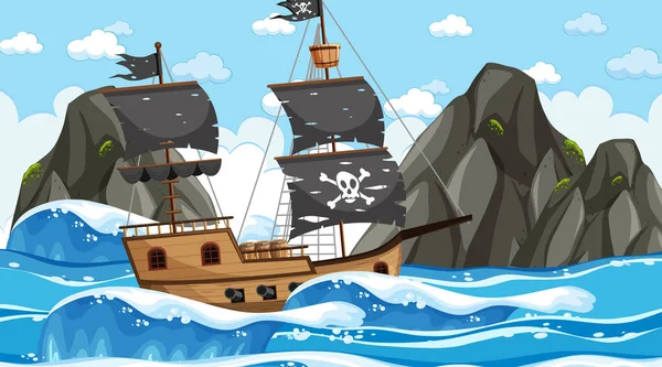 Océano Con Barco Pirata Escena Del Día Ilustración Estilo Dibujos — Archivo Imágenes Vectoriales