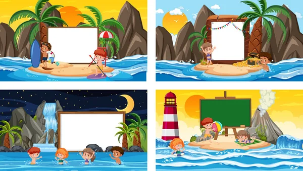 Conjunto Diferentes Cenas Praia Tropical Com Banner Ilustração Branco —  Vetores de Stock