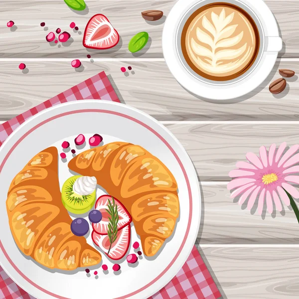 Croissant Café Manhã Com Frutas Uma Xícara Café Ilustração Mesa — Vetor de Stock